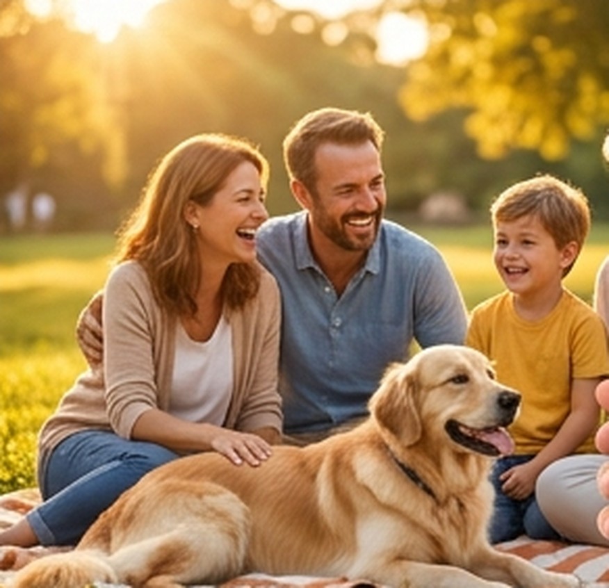 A laughing family relaxing in the park with their golden retriever