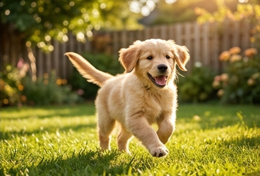 A happy golden retriever puppy running across a sunny backyard lawn
